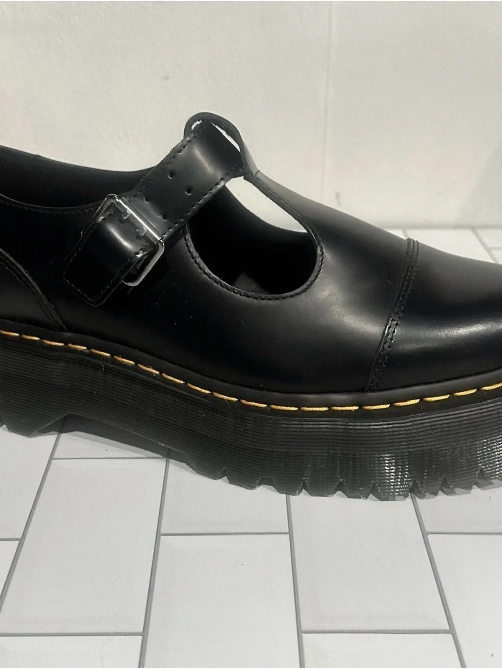 Dr. Martens Bethan Quad Platform Mary Jane T Strap Black Smooth Women's US 8 NEW